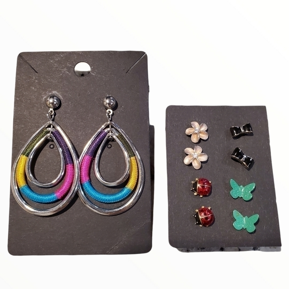 Adorn lot of 5 pairs fashion jewelry Dangle floral bows ladybug butterfly